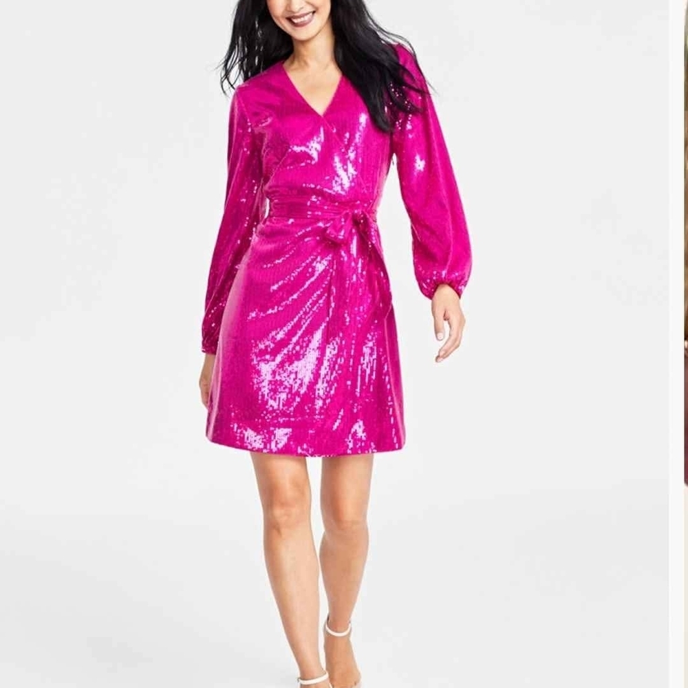 Elegant Pink Sequin Wrap Dress